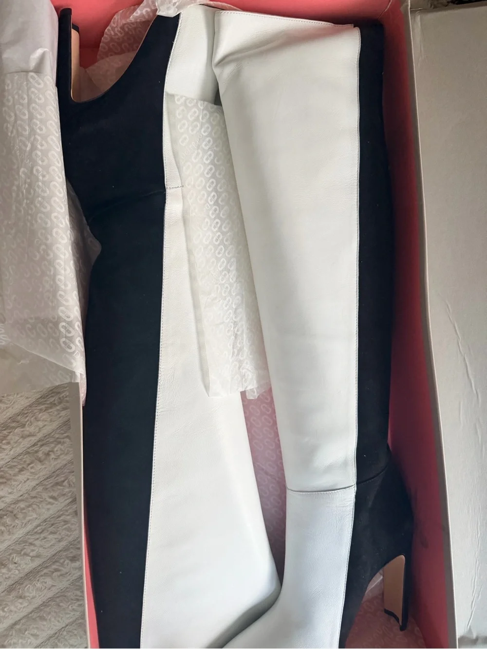 DEE OCLEPPO Alexandra Two-Tone Knee-High Leather & Suede Boots in Black & White